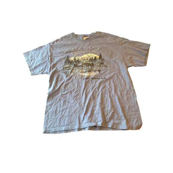 Alaska Denali National Park Graphic T-Shirt Hanes Heavyweight XL 100% Cotton Blu - Picture 1 of 4